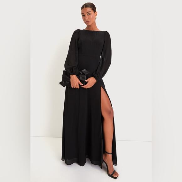 NWOT Lulus Prestigious Poise Black Backless Balloon Sleeve Maxi Dress Size XS - Picture 1 of 13